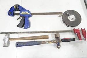 lot 174 image: Clamps, Ball Peen Hammers, Measure Tape
