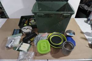 lot 96 image: Plastic Bin with Assorted Camping Gear