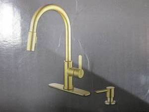 GLACIER BAY Paulina Single Handle Pull Down Sprayer Kitchen Faucet with TurboSpray, FastMount and Soap Dispenser in Matte Gold (OPEN BOX)