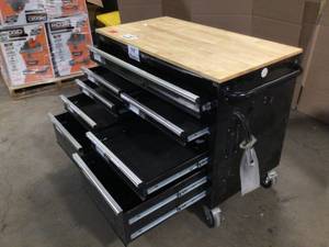 Husky 62 in. W x 36 in. D Standard Duty 12-Drawer Mobile Workbench Tool Chest with Full Length Extension Table in All Black No Keys Customer Returns See Terms on Auction