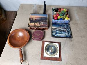 lot 81 image: Wooden Bowl, Decorative Tins and Contents