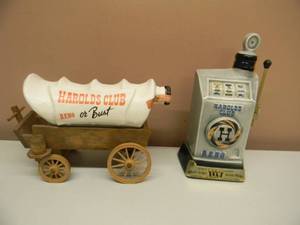Vintage 1974 Jim Beam Vintage HAROLDS CLUB RENO or Bust Decanter &  Vintage 1968 Jim Beam Decanter Harolds Club RENO Slot Machine Casino Decanter - GREAT SET - NICE - SEE PICTURES