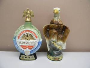 Vintage 1965-66 BEAMS TROPHY EAGLE & 1970 AM VETS 25TH ANNIVERSARY WORLD WAR ll BOTTLE DECANTERS - FANTASTIC PIECES - NICE - SEE PICTURES