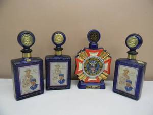 Vintage 1973 EZRA BROOKS VFW 75TH ANNIVERSARY BOTTLE DECANTER & 3 J.W. DANT AMERICAN LEGION 50TH ANNIVERSARY BOTTLE DECANTERS - GREAT SET - NICE - SEE PICTURES