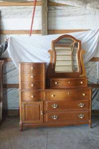 lot 12 image: Matching set Wood Dresser, Wood side table, and wood bedframe