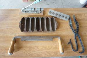 lot 331 image: Corn Bread Can-Pecan Cracker-Draw Knife-vintage desk decor