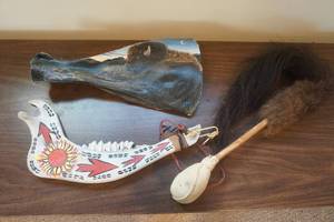 lot 699 image: Painted Bison Bone and Drumstick