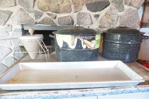 lot 795 image: Stainless tray-Enamel canning pots- sifter