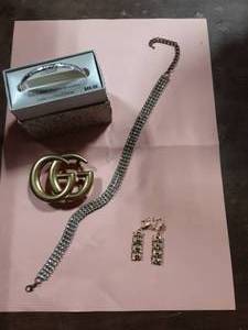 Vintage Rhinestone Choker, Belt Buckle, Silver Plated Sister Bracelet & Earrings With A Stamp