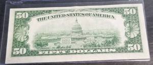 1950-C US $50 FEDERAL RESERVE NOTE AU MIS-ALIGNED CUT AU