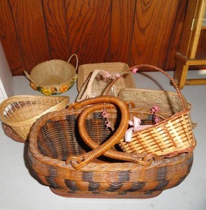 Lot of Wicker Baskets  Knitting , Wine Decanter & More