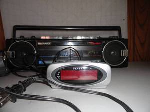 Small Boom Box, AmFM Cassette- 2-Alarm Clock ( Small & Large) 8 Track Player, Whistler Radar Detector , Scanner