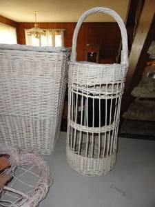 White Wicker Lot - Hamper, Stand up basket, Wall hanging heart