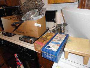 Rectangular loaf pan in box, Donut Master fryer, Strainers & Cooling Rack