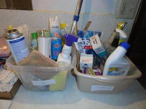 2- Wash tubs with cleaning supplies