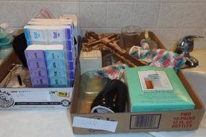 Pill Dispenser, Velcro rolls, Electric Shaver, Vintage Straight edge razor, Avon, Toilet paper cover