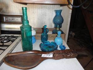 Blue Glass lantern, Blue Cruet & Avon with stopper, Carved fork and spoon,
