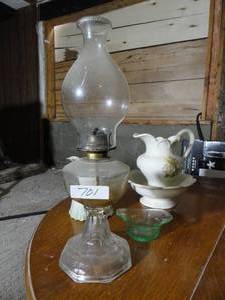 Antique Kerosene Lamp 18 12. Ceramic Washstand Pitcher bowl. Bavarian water pitcher, Green relish Dish