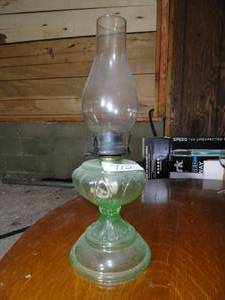 Antique Kerosene Lamp  Green Glass 17 w Chimney