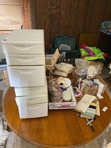 Plastic drawer, with contents sewing misc, Needles, Thread, Lace