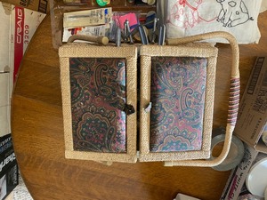 Sewing Basket & Contents Flour sack towels, (7 embroidered piglet motif)