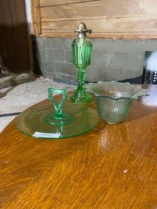 Green Kerosene Hurrican lamp without chimney. Green Glass Serving Platters
