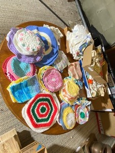 Hand Crocheted potholders, hanging crocheted dish towels, doilies, dish clothes & Magazines