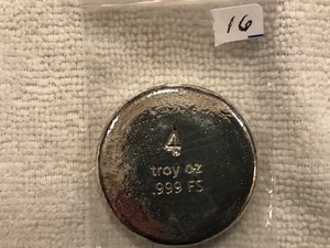 Bunker Bullion Button 4 troy oz .999 Poured Silver