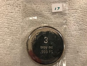 Bunker Bullion Button 3 troy oz .999 Poured Silver