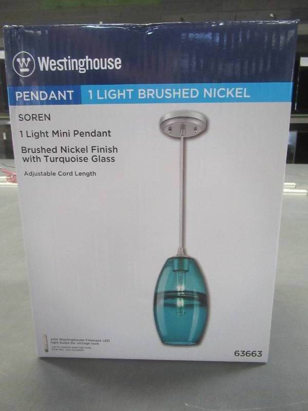 lot 580 image: Westinghouse Soren 1-Light Brushed Nickel Mini Pendant with Turquoise Glass Shade, 63663 - NEW Features