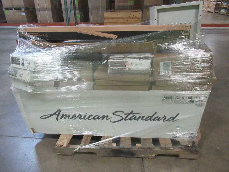 lot 186 image: Large WholesaleSalvage Pallet from left-over Retail Items (Tub, Flooring, Building Materials and More).