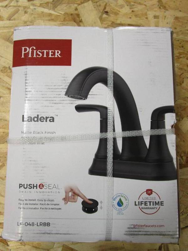lot 67 image: PFISTER Ladera 4 in. Centerset 2-Handle Bathroom Faucet in Matte Black (BRAND NEW)