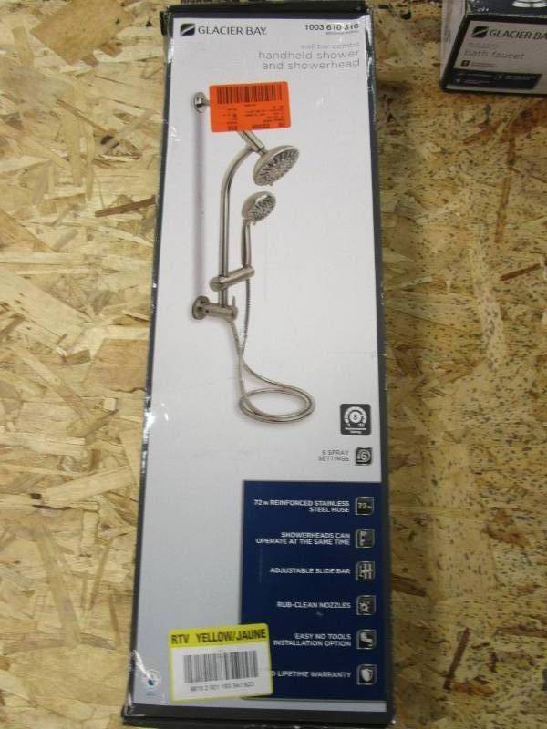 lot 87 image: GLACIER BAY 6-Spray Wall Bar Raincan Showerhead with 6-Spray Handshower in Brushed Nickel (OPEN, APPEARS NEW)