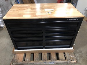 Husky 46 in. W x 24.5 in. D Standard Duty 9-Drawer Mobile Workbench Tool Chest with Solid Wood Top in All Black Gloss
