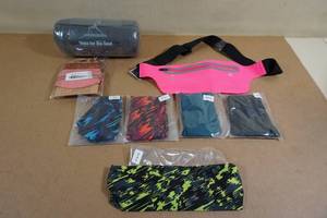 lot 7 image: Yoga Towel, 5 Headbands, Wrist Wallet, and Belt Bag