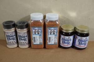 lot 22 image: 2 Blues Hog Sweet and Savory Seasoning, Beef Marinade, and BBQ Sauce