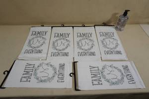 lot 87 image: 6 Kitchen Flour Sack Towels with Hand Soap