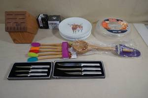 lot 161 image: Assorted Kitchen -Plates, Knife Block, Rada Knifes, Ladle