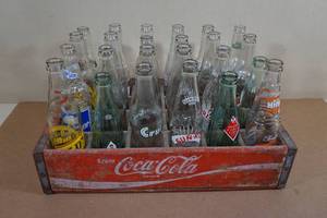 lot 168 image: Vintage Wood Coca Cola Shipping Crate with Assorted Bottles - Sun-Rise, Crush, Dads, RC