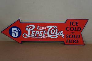 lot 180 image: Vintage Look Embossed Pepsi Cola Tin Arrow Sign