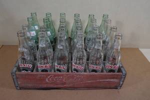 lot 183 image: Vintage Wood Coca Cola Shipping Crate with Sun-Rise and Diet Coke Bottles