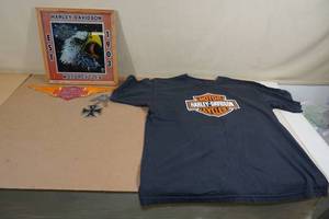 lot 199 image: Harley-Davidson Framed Mirror, Shirt, and Large Vintage Patch