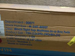 lot 107 image: 8 INCH TIGHT TOP MATTRESS IN A BOX TWIN SIZE