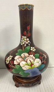 lot 67 image: Pair of Cloisonn Vases with Wooden Bases