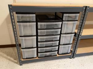 lot 155 image: 2 Metal Storage Racks With One Having Plastic Storage Bins