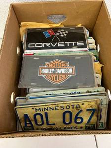 Box of License Plates - Corvette, Harley-Davidson &amp Many More