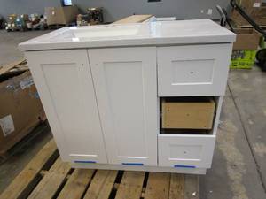 lot 203 image: GLACIER BAY Bannister 36.50 in. W x 18.75 in. D x 35.14 in. H Bath Vanity in White (ONE DRAWER MISSING DRAWER FRONT)