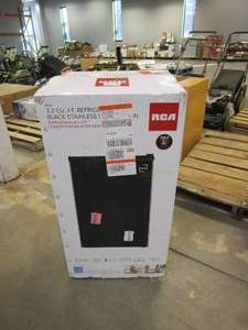 lot 204 image: RCA 3.2 cu. ft. Mini Fridge in Black Stainless Steel (OPEN BOX, APPEARS TO BE NEW, SMALL DENT ON BACK CORNER)