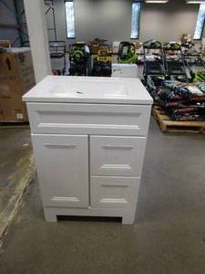lot 244 image: HOME DECORATORS COLLECTION Sedgewood 24-12 in. Configurable Bath Vanity in White with Solid Surface Top in Arctic with White Sink (VERY NICE CONDITION)