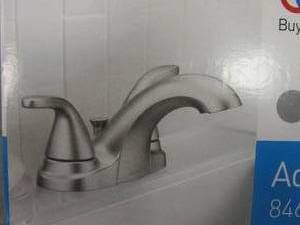 lot 253 image: MOEN Adler 4 in. Centerset 2-Handle Low-Arc Bathroom Faucet in Spot Resist Brushed Nickel (OPEN BOX)